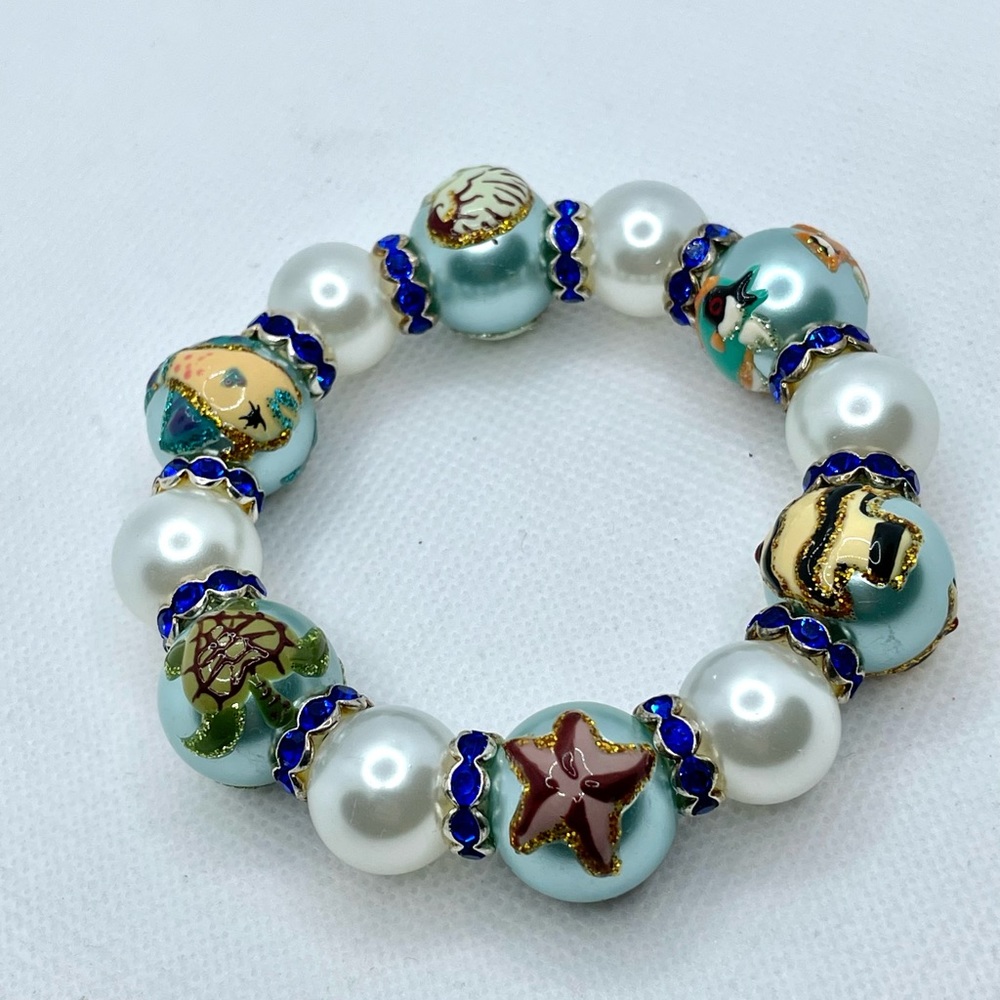 Bead Bracelet With Hand painted Sea Turtles, Starfish, Fishes And Seashells